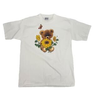 Vintage 90s All Events Off-White T-Shirt XL Cotton Teddy Bear Butterfly Country